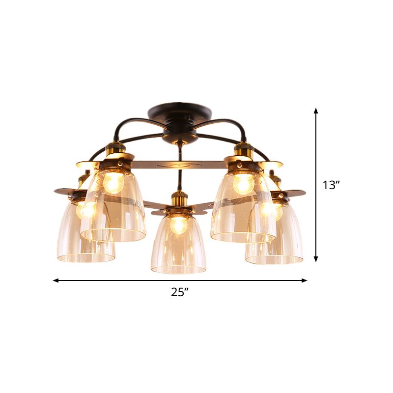 Dome Shade Restaurant Semi Flush Cognac Glass 5 Bulbs Mid Century Style Ceiling Mount Chandelier in Black