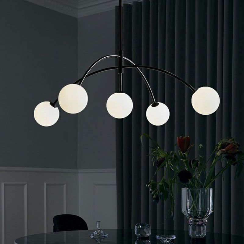 Black Arc Shaped Suspension Lamp Modern 5-Head Milky Ball Glass Chandelier for Dining Room