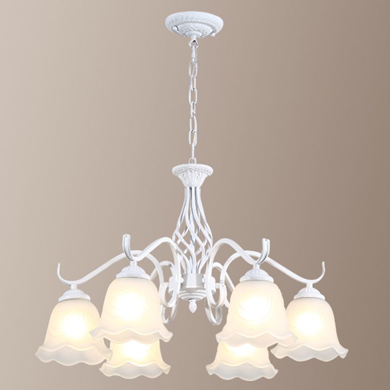Retro Bell Chandelier Light Ruffle Glass Pendant Light Fixture with Curved Arm for Dining Room