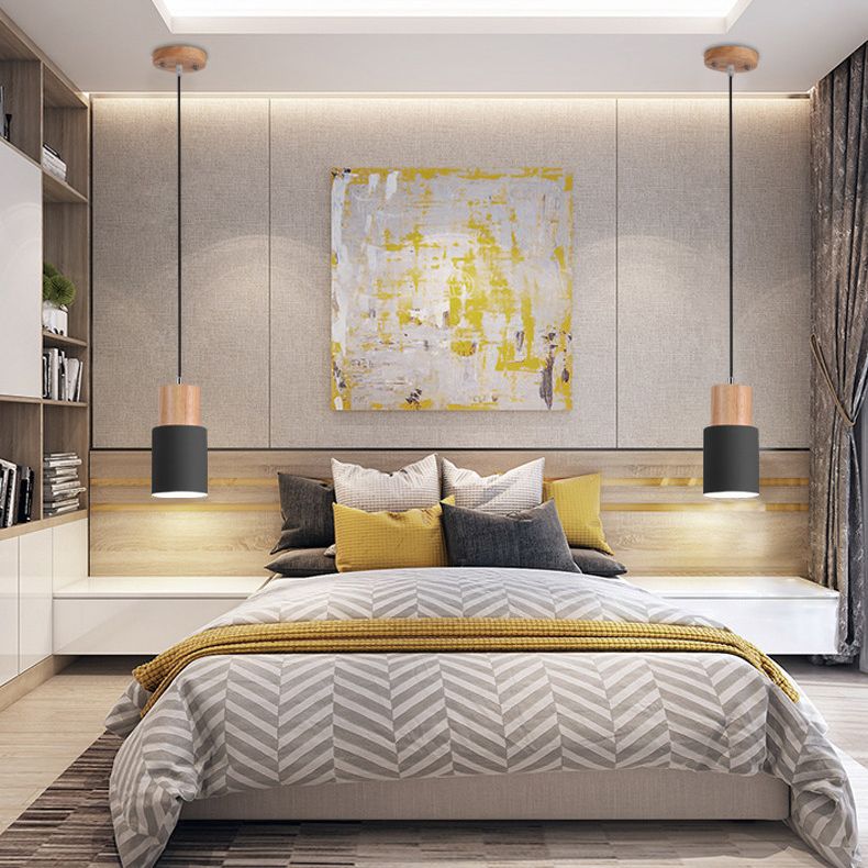 Wooden Cylindrical Single Pendant Light in Modern Concise Style Aluminium Macaron Hanging Lamp