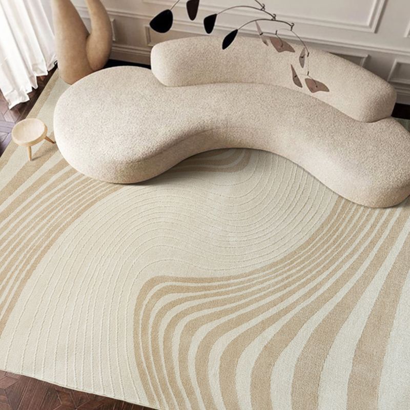 Beige Stripe Pattern Area Carpet Modern Polyester Area Rug Anti-Slip Washable Rug for Bedroom