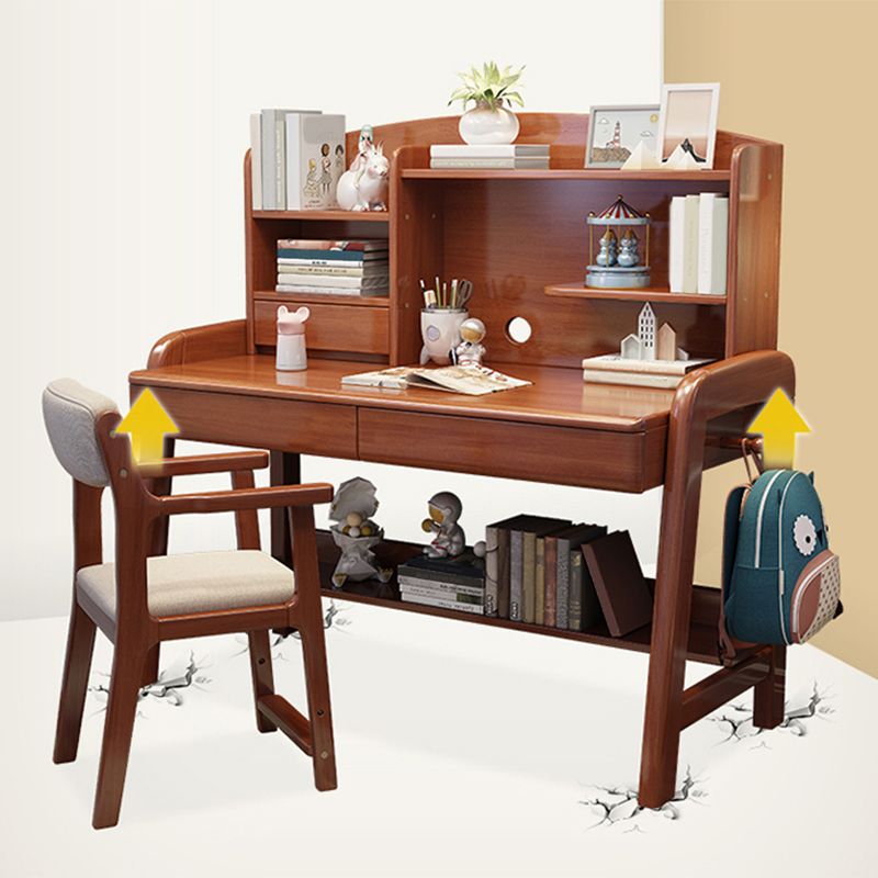 Solid Wood Writing Desk Kids Desks and Chair Set with Hutch Adjustable 2-Drawer Child Desk