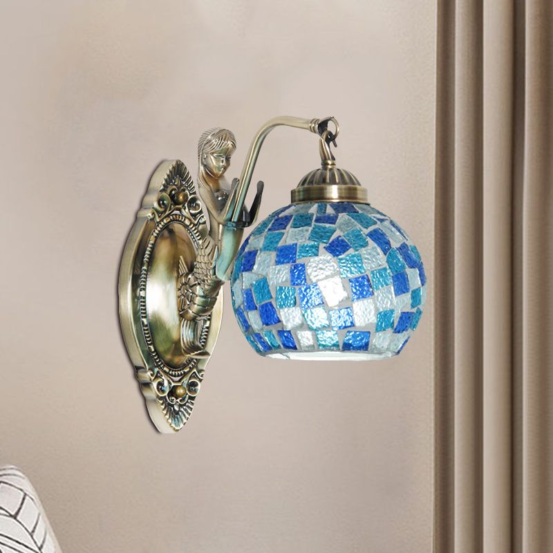 Cut Glass Global Wall Light Fixture Tiffany 1/2-Bulb Blue Wall Mount Lamp with Mermaid Design