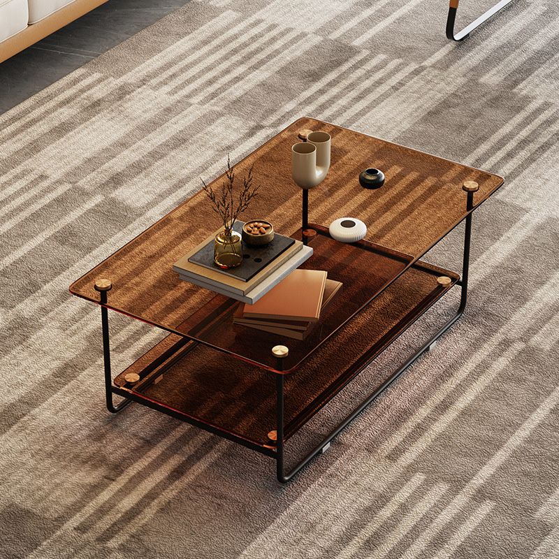 17.7"H Rectangle Glass Coffee Table Metal Sled Base Cocktail Table with Shelf