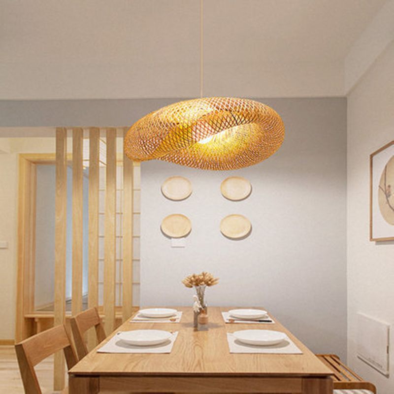 Beige Hat Shaped Pendant Lighting Fixture Asia Style Bamboo Hanging Pendant Light