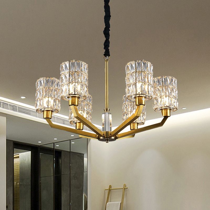6 hoofden slaapkamer hanger kroonluchter modernisme goudhangende lamp met cilinder kristal schaduw