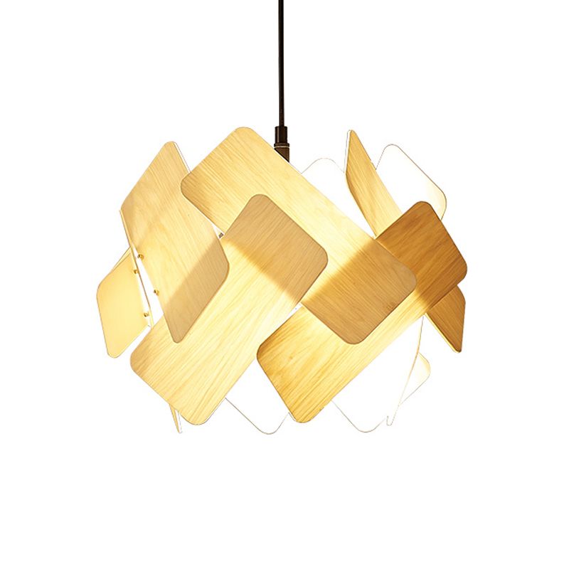 Beige Spliced Circle Chandelier Modernist 3 Heads Wood Hanging Light Fixture over Dining Table