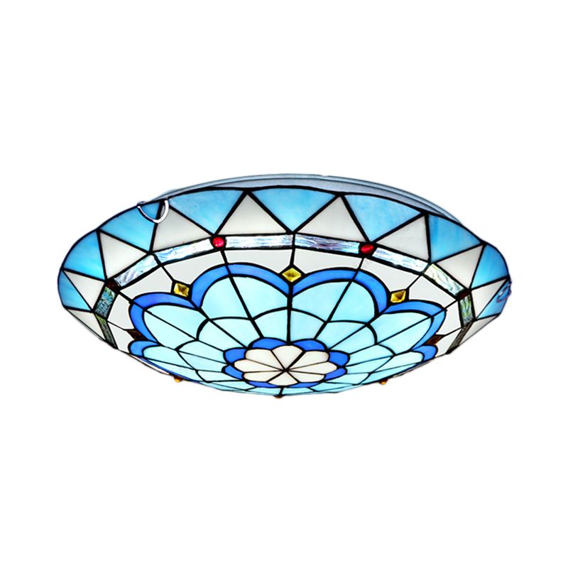 12"/16"/19.5" Wide Baroque Bowl Flush Ceiling Light Stained Glass Indoor Flush Mount Light in Blue/Blue-Brown