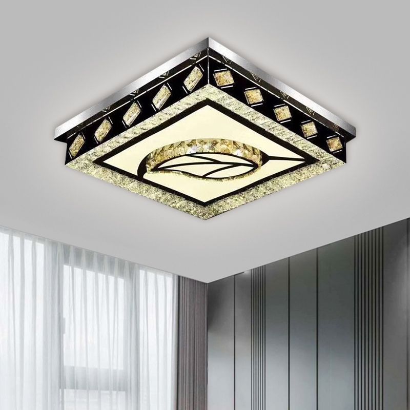 Square Flush Light Fixture Modern Clear Crystal Living Room LED Ceiling Lamp in Nickel with Leaf/Cubic Pattern