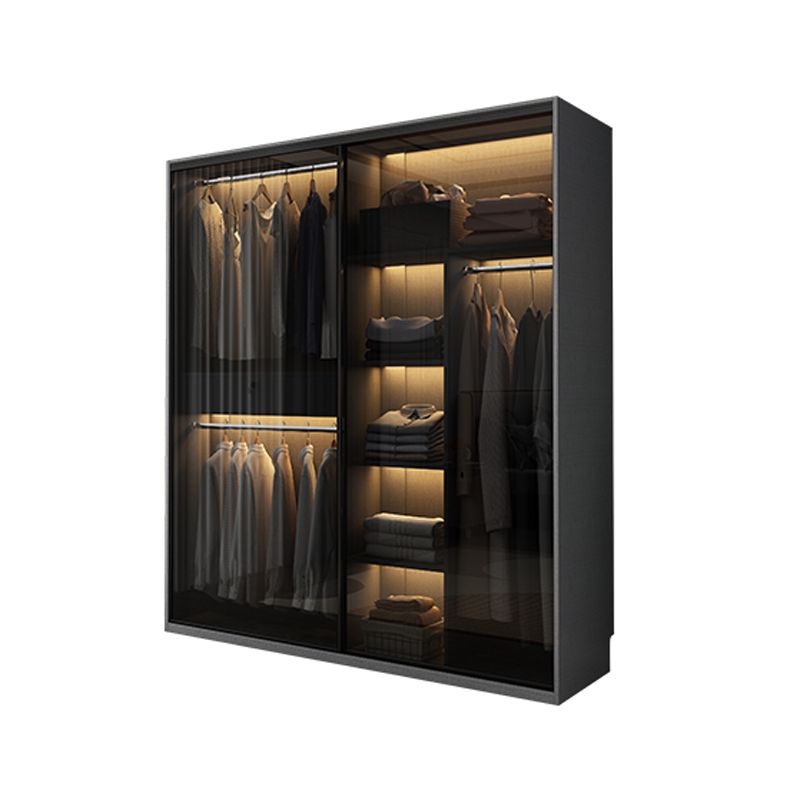 Glass and Wood Wardrobe Cabinet with Drawer Grey Wardrobe Closet