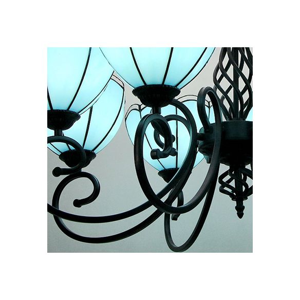 Blue Scalloped Hanging Light with Curved Arm Loft Style 8 Lights Stained Glass Chandelier in Blue