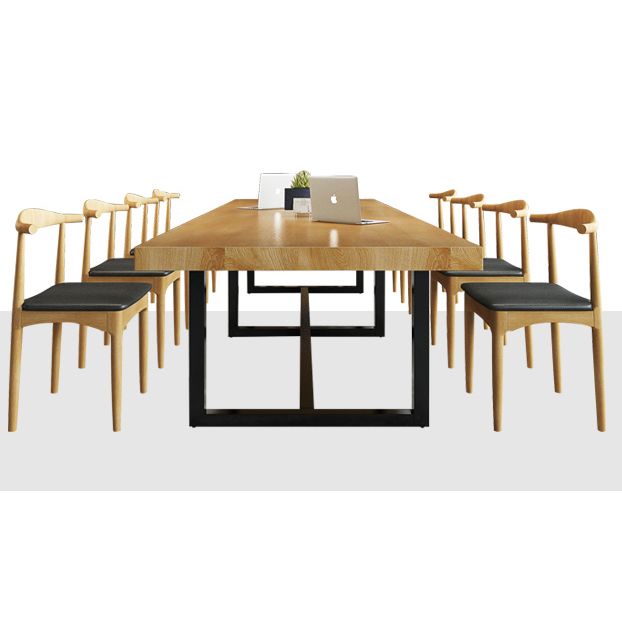 Mesa de comedor rectangular industrial de metal, mesa superior de madera maciza de pino con base de caballete