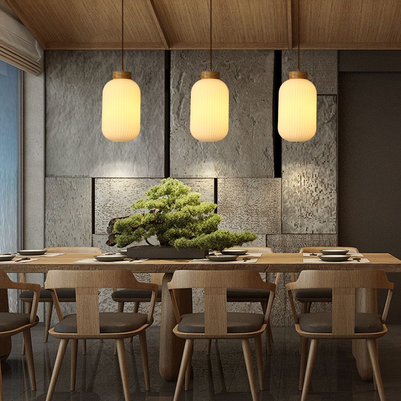 White Wooden Pendant Light in Modern Concise Style Glass Drum Hanging Light for Dining Room