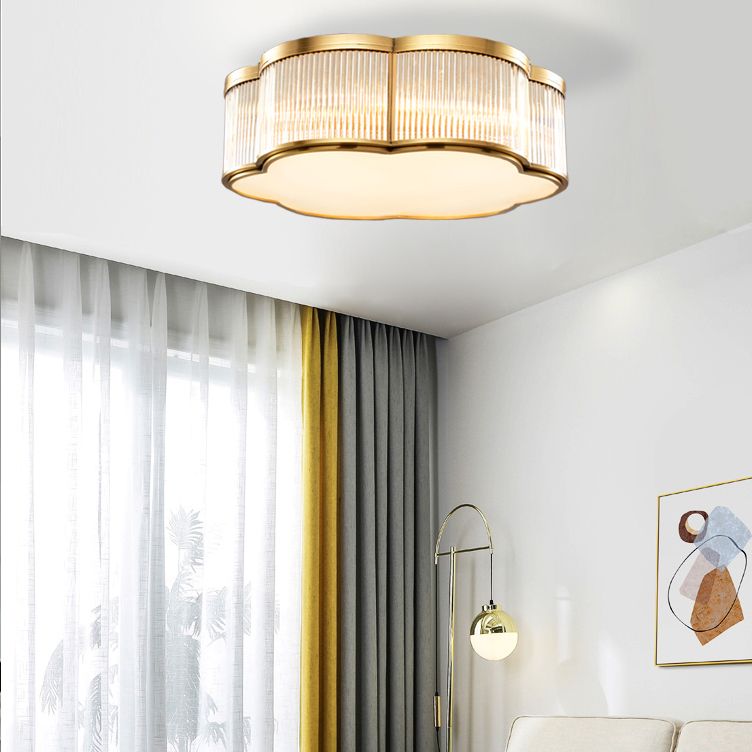 Simplistic Floral Flush Mount Light Fixture Glass Ceiling Mount Lighting in Brass