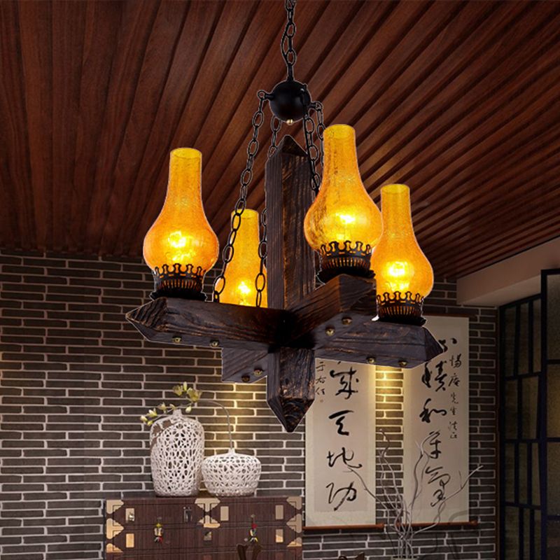 Amber Crackle Glass Vase Chandelier Lighting Farmhouse 5 Lights Dining Room Pendant with Metal Frame