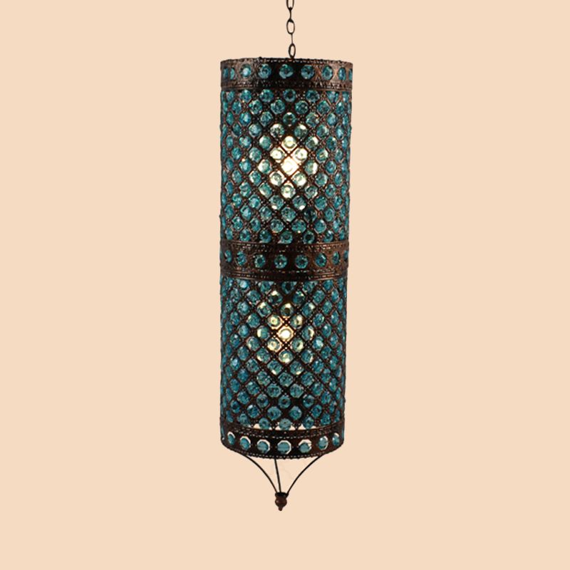 Blue 2 Lights Chandelier Lamp Bohemian Metal Column Suspension Lighting Fixture for Dining Room