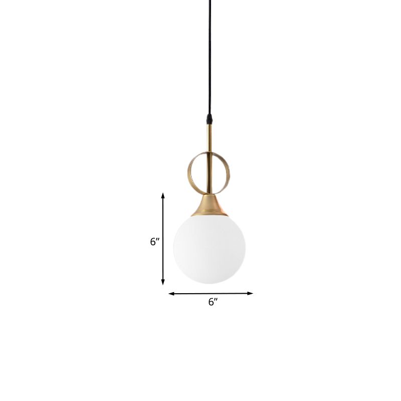 Minimalist Ball Hanging Lamp Kit Opal Glass Single Bedside Pendant with Ring Top in Black-Gold