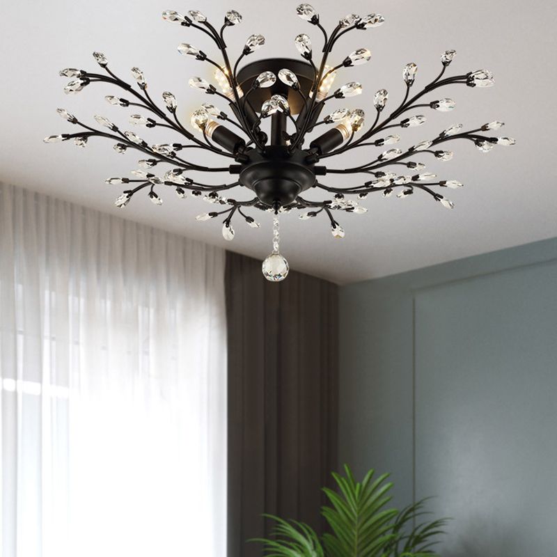 Contemporary Leaf Flush Light Crystal Flush Mount Ceiling Fixture in Black