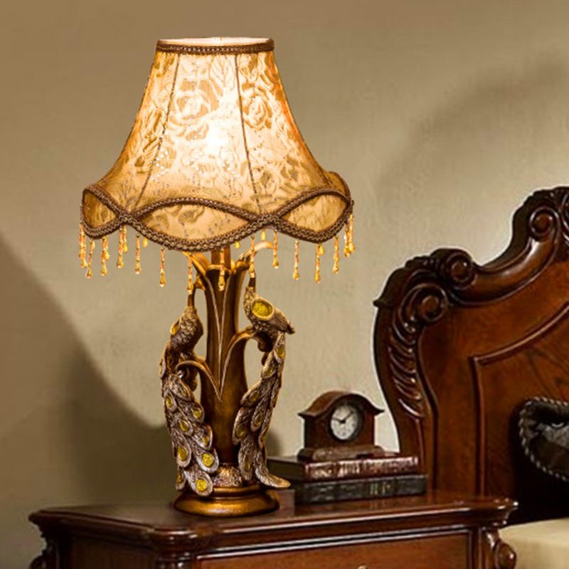 Scalloped Rose Print Fabric Table Light Traditional 1-Light Bedside Night Lamp with Peacock Decoration in Gold