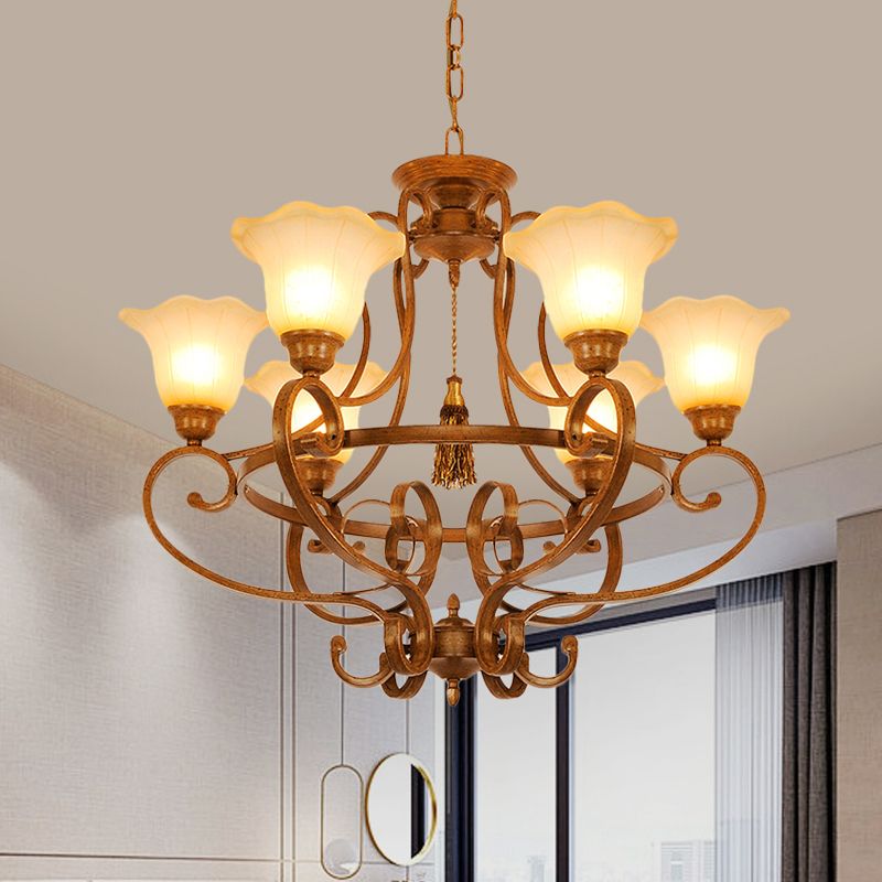 Brown 6 Lights Hanging Chandelier Traditional Frosted Glass Flared Pendant Lighting Fixture with Curvy Arm