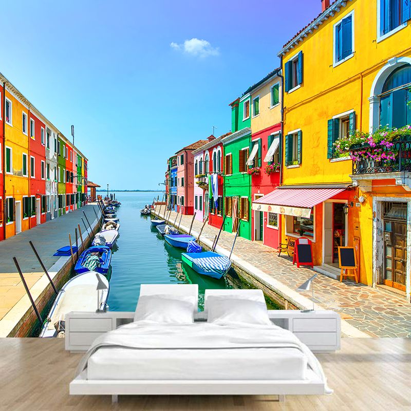 Boat on the Canal Mural Wallpaper Contemporary Water-Proof House Interior Wall Art, Made to Measure