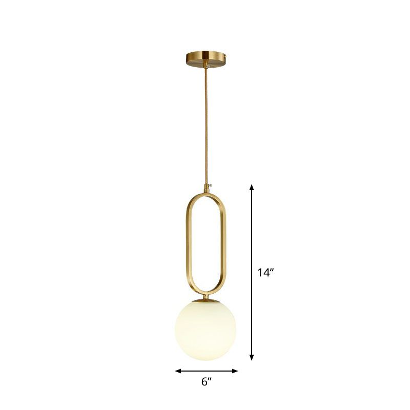 Ball Living Room Suspension Lamp Ivory Glass Single Simple Pendant Light with Oval Ring in Gold