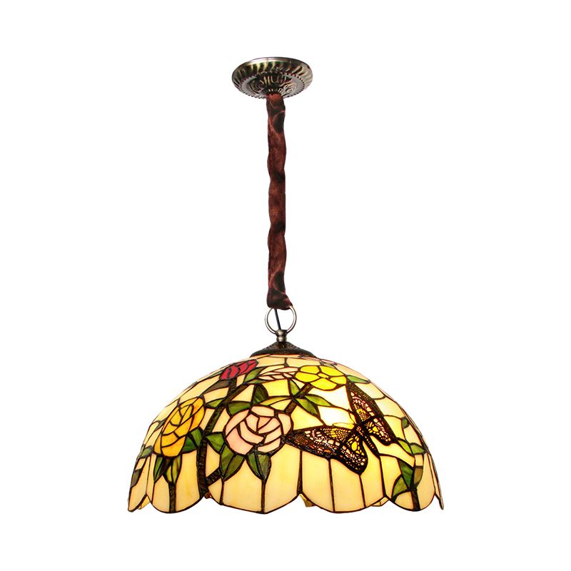 Chandelier en verre coupé à main classique à 3-tête Classic à la main avec motif floral et papillon en bronze
