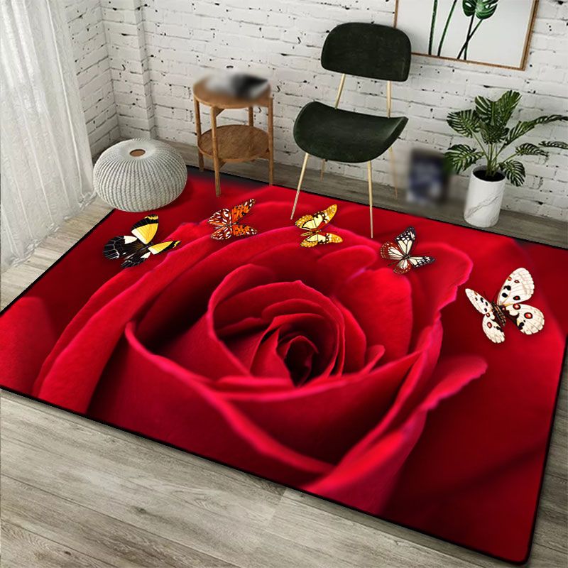Fancy Red Modern Rug Polyester Floral Print Area Rug Non-Slip Backing Rug for Home Decor