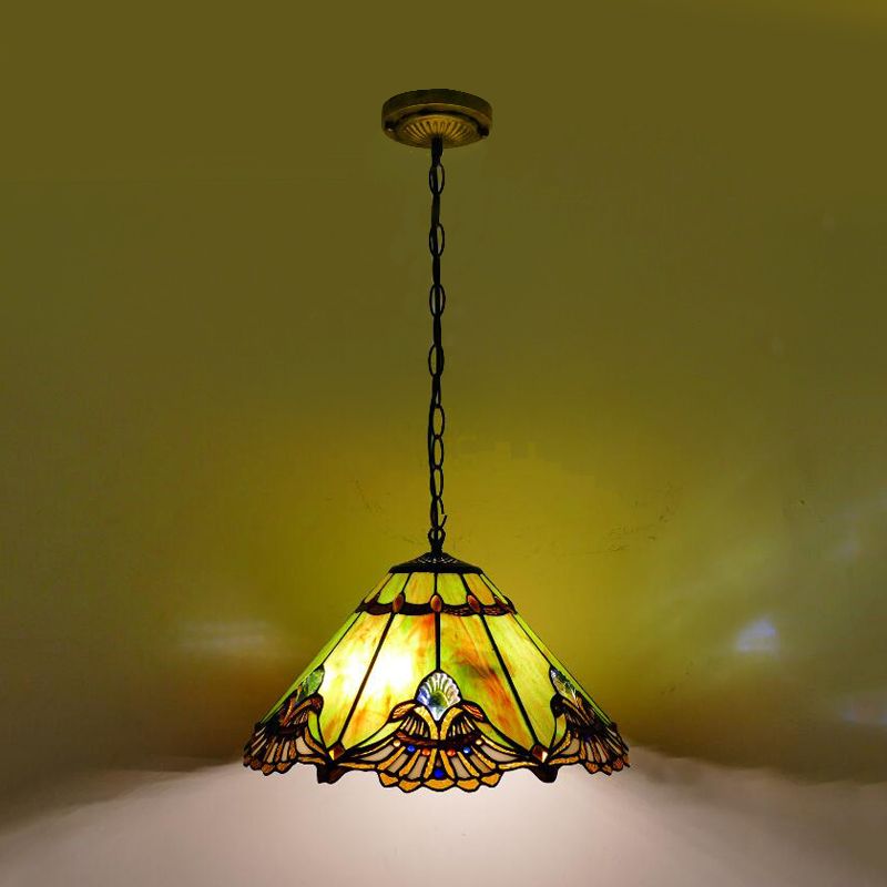 1 Light Pendant Lighting Baroque Conical Cut Glass Hanging Light Kit in Green for Dining Room