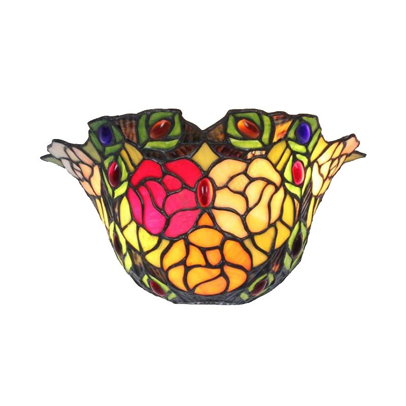 Floral Wall Sconce Light with Rose and Jewel Stained Glass 1 Light Rustic Art Deco Wall Lighting for Foyer
