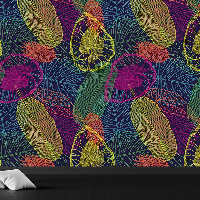 Botanical Leaf Printed Wallpaper Mural Contemporary Non-Woven Wall Art in Dark Color