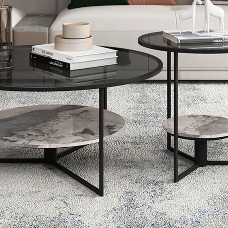 Contemporary Coffee Table Round Glass Top Cocktail Table with Storage