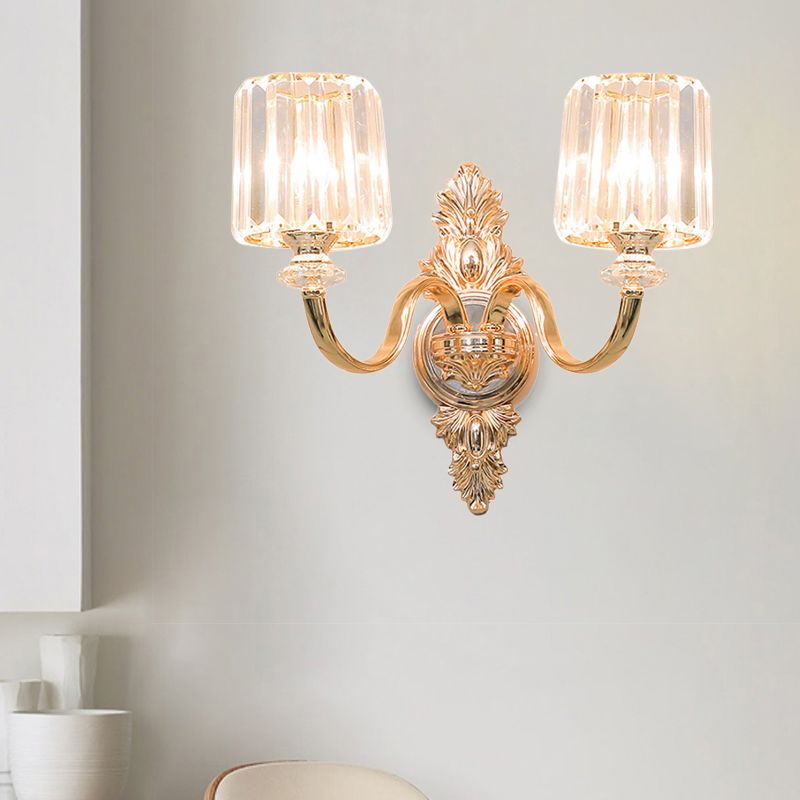 2-Bulb Wall Light Sconce Retro Cylinder Crystal Block Wall Mounted Lighting in Gold with Carved Backplate