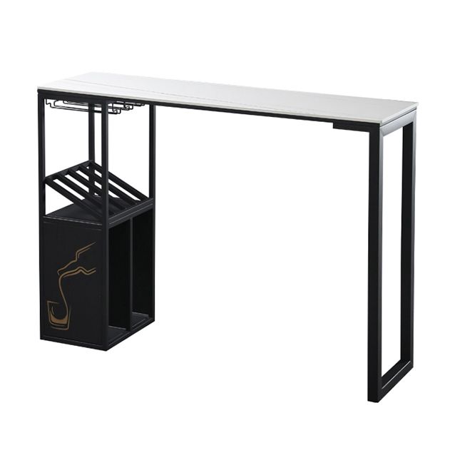 Industrial Rectangle Pub Table White Sintered Stone Bar Height Cocktail Table with Shelves