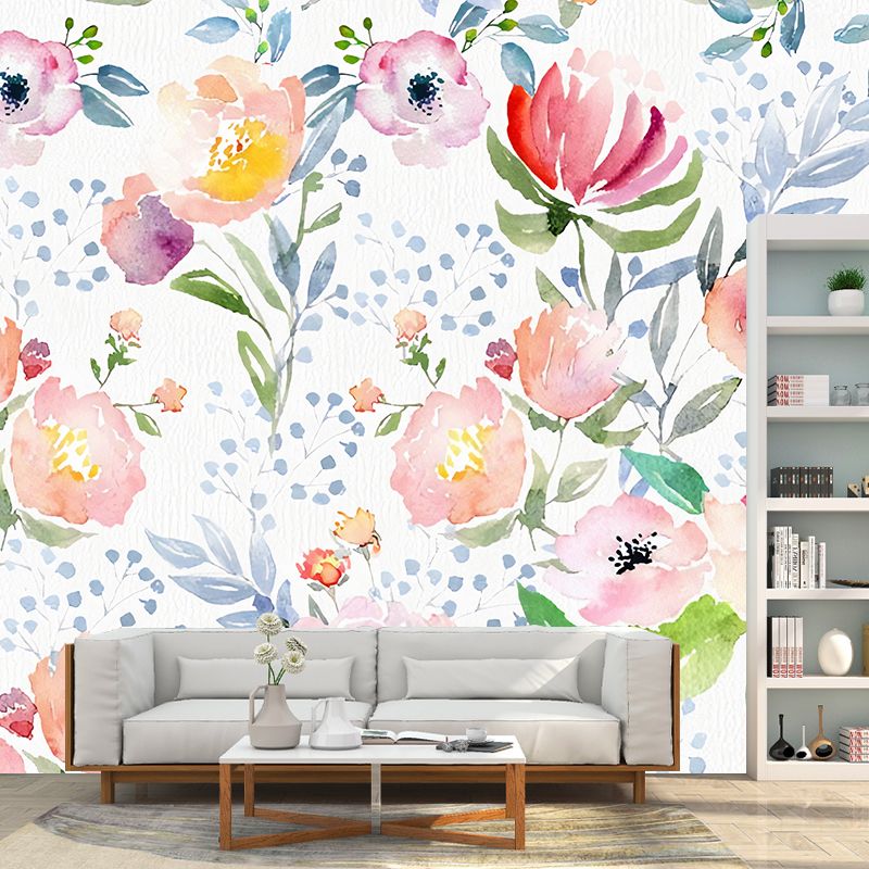 Illustration aquarelles de fleurs murales pour décoration de salon en rose tendre, réalisées sur mesure
