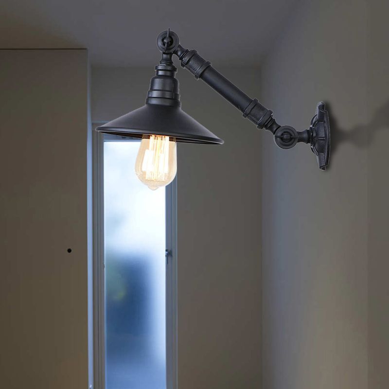 Metal Conical Wall Mounted Light with Adjustable Arm Retro Industrial 1 Head Corridor Sconce Lamp in Black