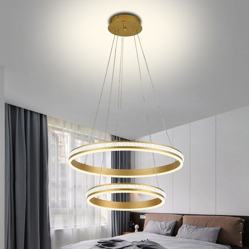 16"+24" Diameter 2-Tiered Ring LED Chandelier Aluminum Gold LED Hanging Pendant Light with Diamond Stripes Acrylic Shade