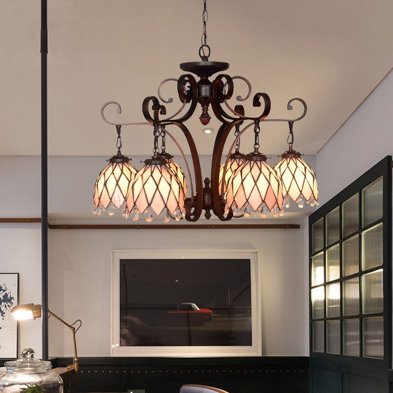 Tiffany Flower Pendant Pendant 6 lumières Tanage de vitrail plafond plafond plafond en noir pour le salon