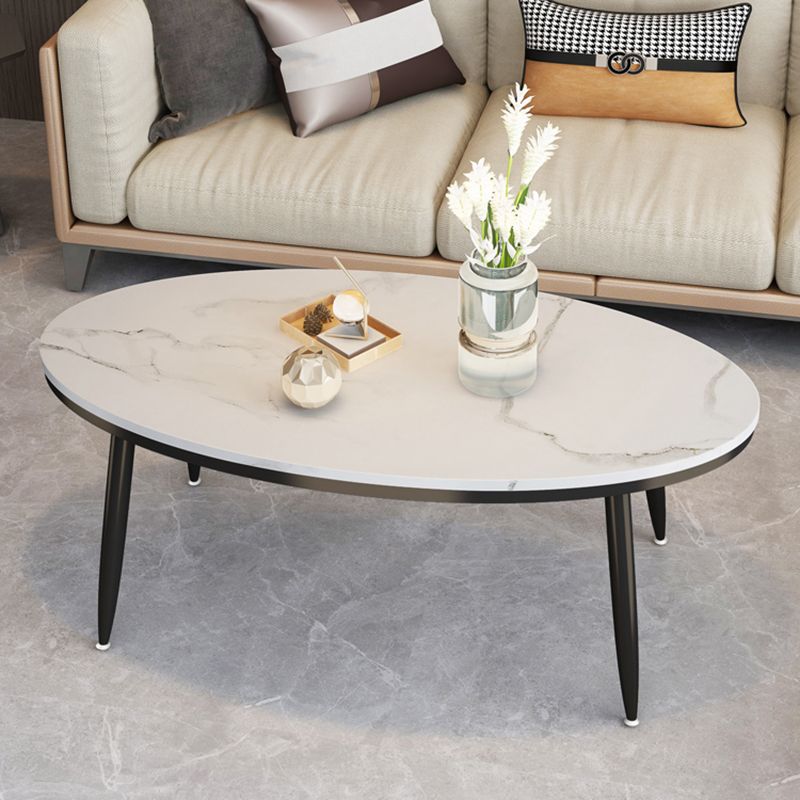 4 Legs Oval Cocktail Table Stone Top 1 Single Coffee Table with Gold/Black Legs
