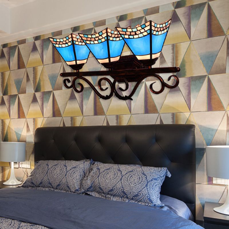 Nautical Vanity Light with Pyramid Shade Stained Glass 3 Heads Wall Sconce Lighting