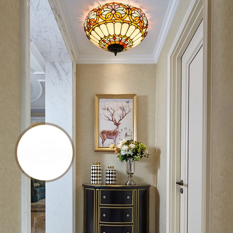 3 Lights Ceiling Fixture Tiffany Style Glass Flush Mount Lamp