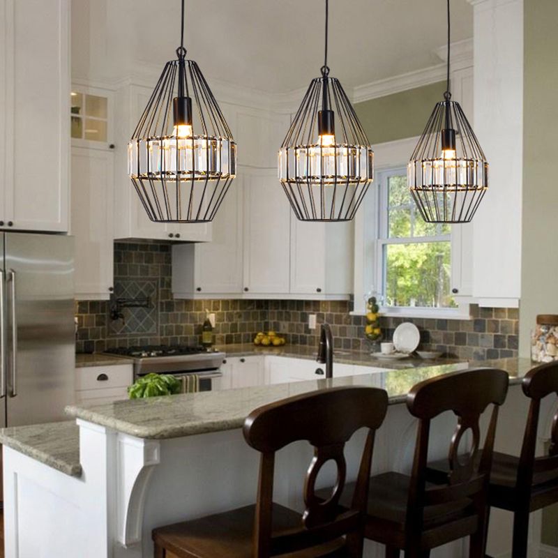 Illuminazione a sospensione cristallina in gabbia geometrica Vintage Light Black Affermazione per ristorante
