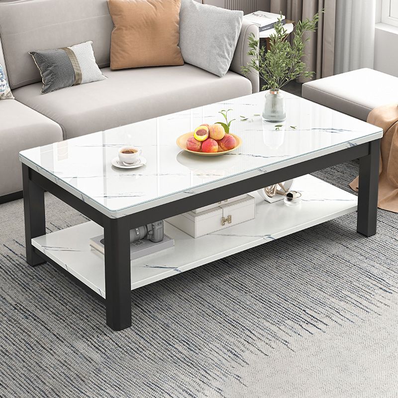 Contemporary Glass 4 Legs Coffee Table 1-Shelf Simple Cocktail Table