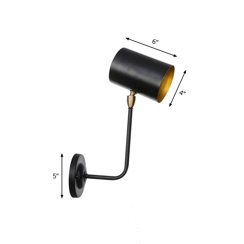 Antiqued Right Angle Arm Sconce 1 Bulb 6"/10" T Iron Wall Mounted Light in Black and Inner Gold with Cylinder Shade