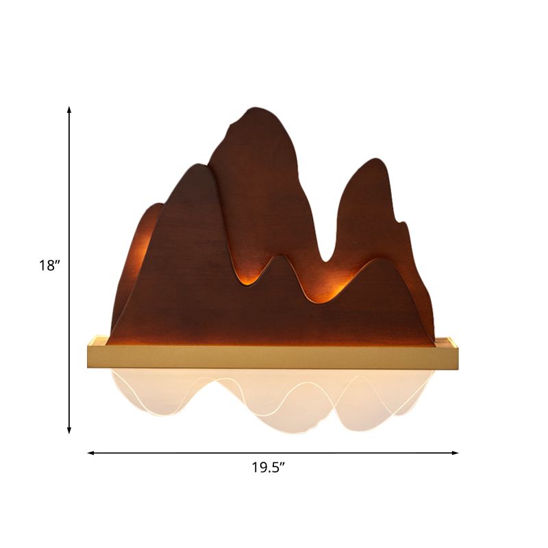 Mountains Bedside Wall Light Fixture Wooden 6-Bulb Asian Style Mural Lighting in Brown