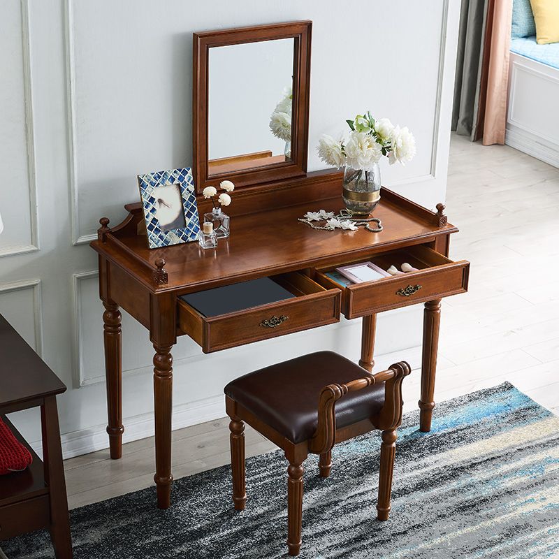 17.71" Wide Solid Wood Vanity Set with Stool Set Brown Dresser with 2-Drawer and Mirror