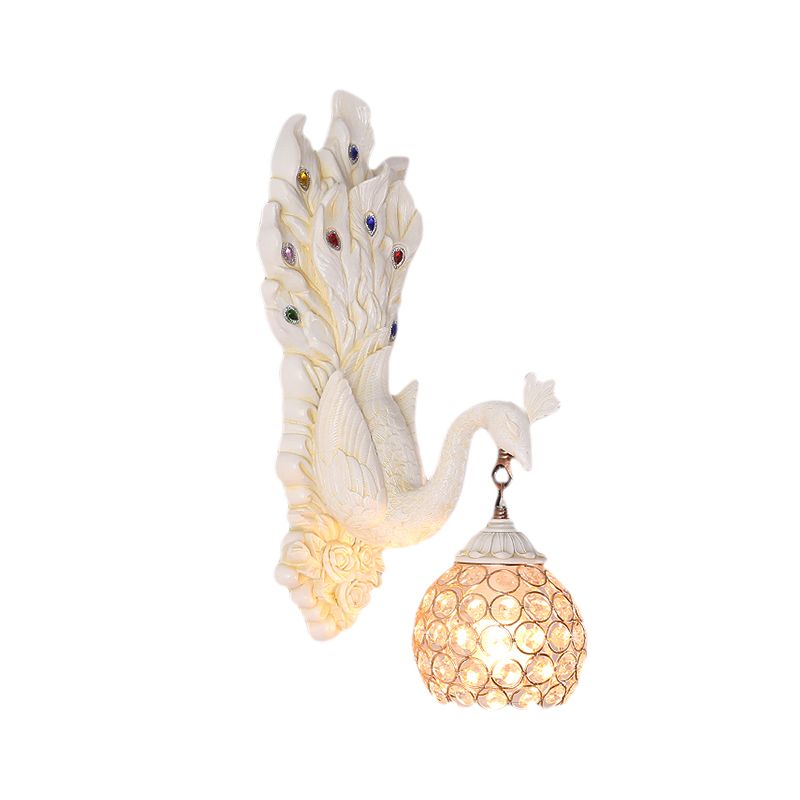 Dome Crystal Wall Mounted Light Antique 1 Light Bedroom Sconce Lamp with Blue/Gold/White Peacock Backplate