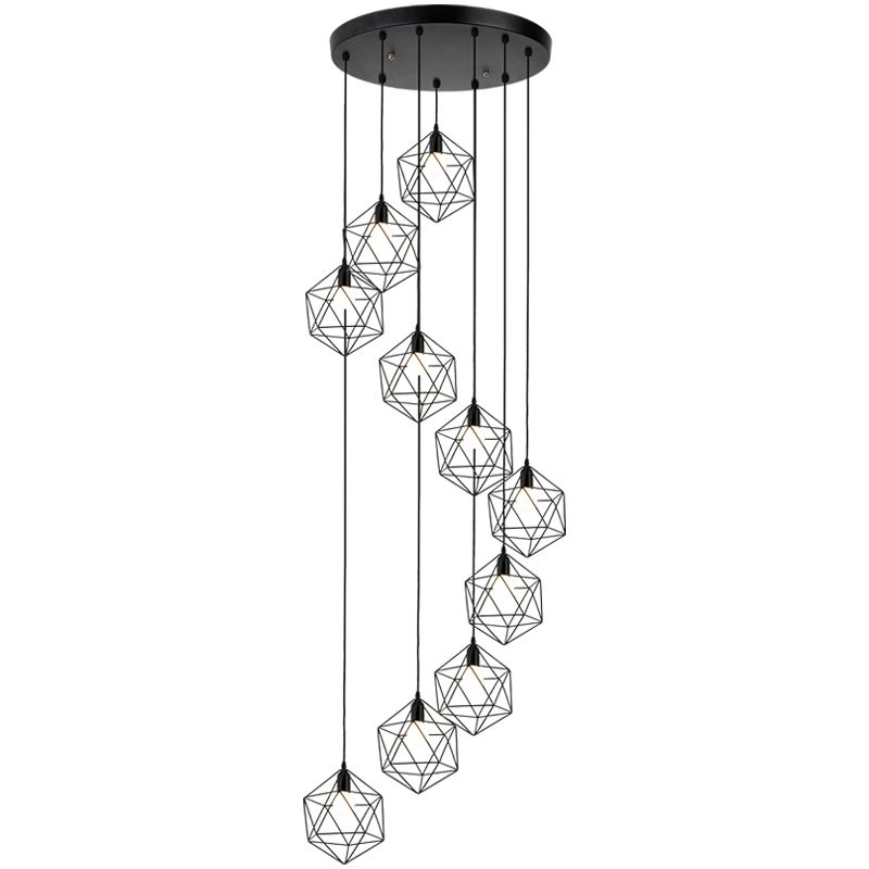 Geometric Cage Staircase Multi Ceiling Lighting Metallic Suspension Light Fixture