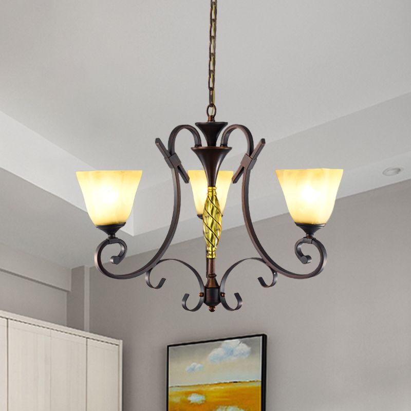 Opal Glass Bell Suspension Lighting Vintage 3-Light Living Room Chandelier with Swirled Arm in Bronze
