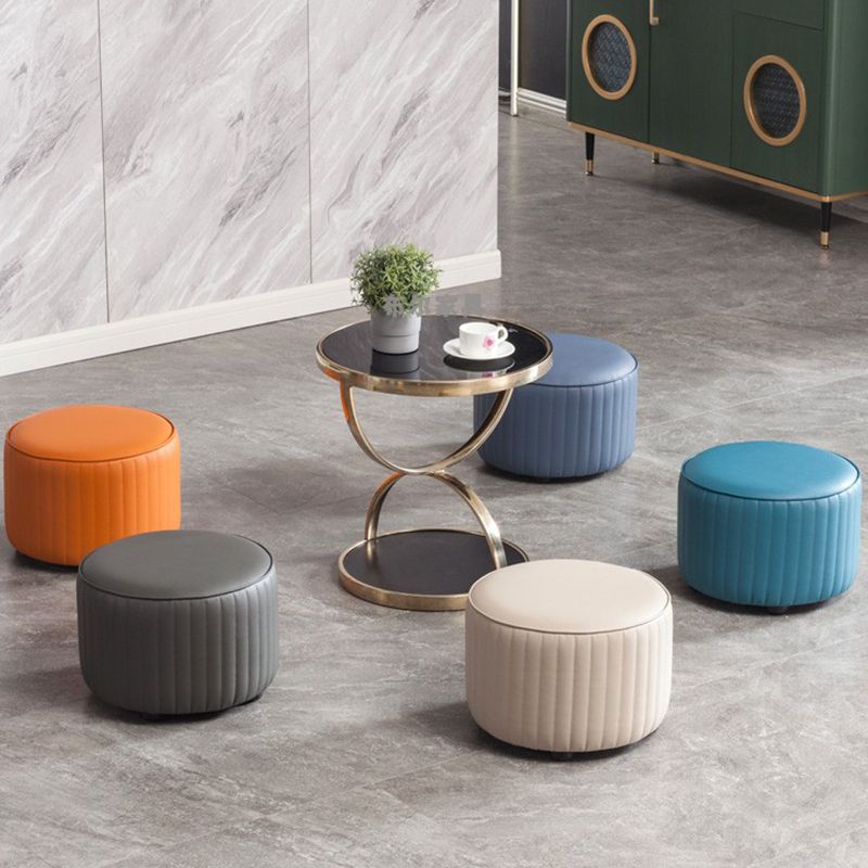 Contemporary Pouf Ottoman Genuine Leather Upholstered Solid Color Cylinder Shape Ottoman